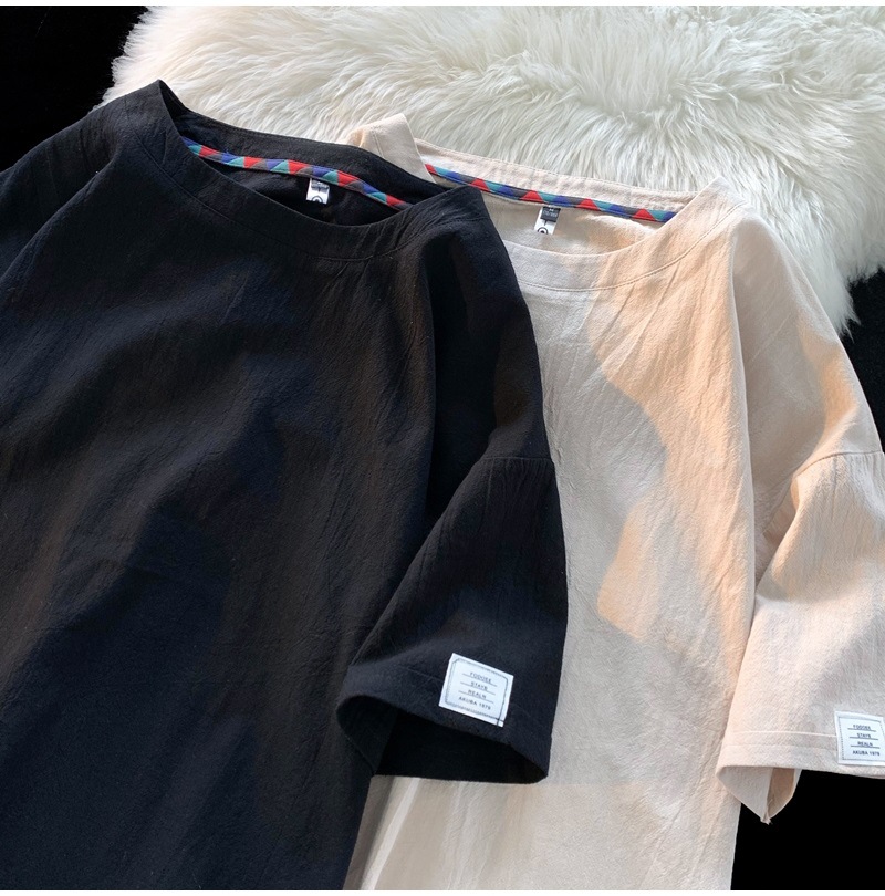 Linen short-sleeved T-shirt for men, a new summer trend. Cotton and linen half-sleeved loose solid color base layer, a trendy T-shirt top pic 21
