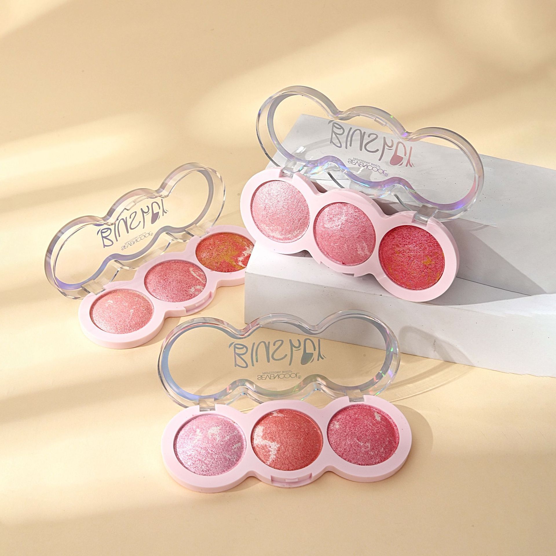 SEVENCOOL三色腮红跨境高光持久烤粉胭脂平价化妆品彩妆腮红盘详情4