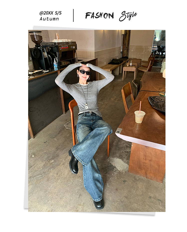 【今茵】新款美式复古水洗做旧中低腰无弹微宽松喇叭拖地牛仔裤女详情1