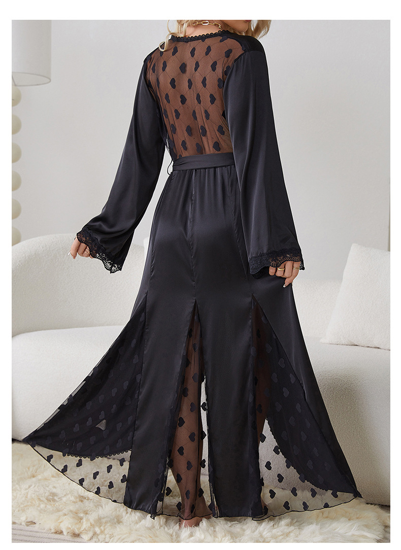 New cross-border light luxury long-sleeved V-neck satin lace patchwork long bathrobe, bathrobe and home wear for women, 657 pic 11