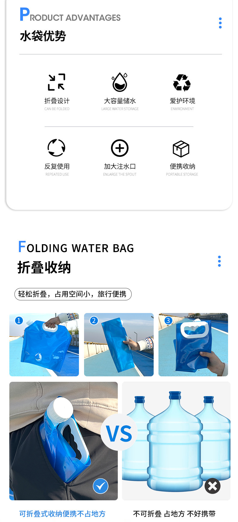户外大容量10L水袋 折叠便携车载水袋水龙头塑料水桶野营装水袋囊详情2