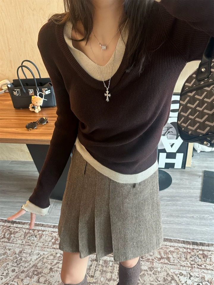 KANING假两件v领针织打底衫女秋季新款高级感内搭毛衣修身上衣潮详情2