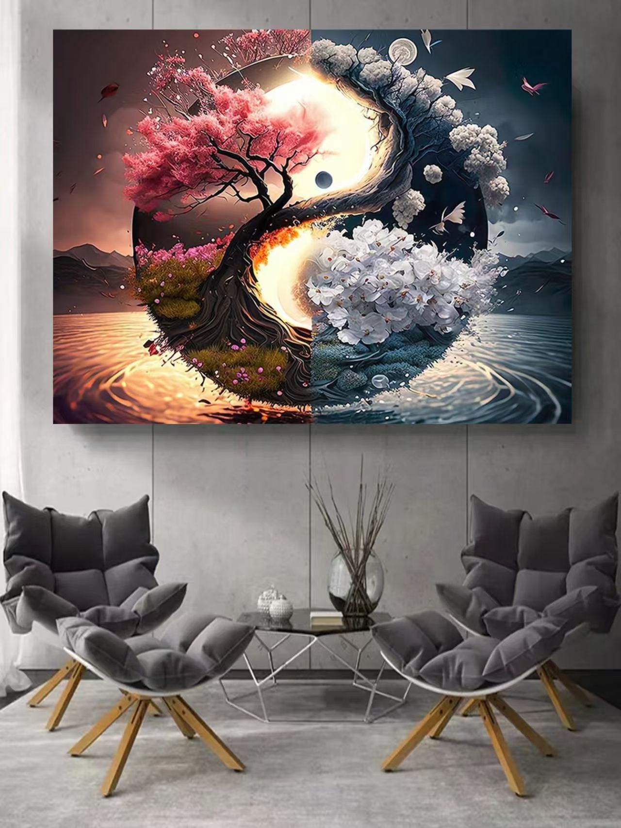 diy landscape diamond painting 5D hand-filled color flower Taiji cherry blossom decorative hanging artist home craft painting Square diamond landscape wall decoration pic 1