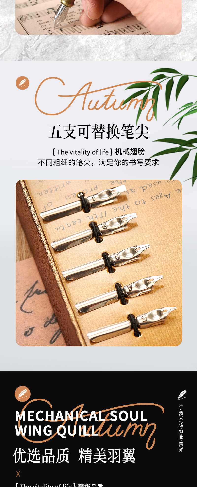 蓝孔雀机械朋克风翅膀钢笔蘸水笔墨水广告礼品笔羽毛笔套装定 制详情4
