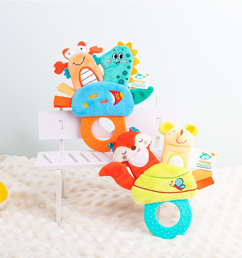 Happy monkey动物手指偶玩具婴儿抓握训练摇铃带宝宝牙胶咬咬乐详情9