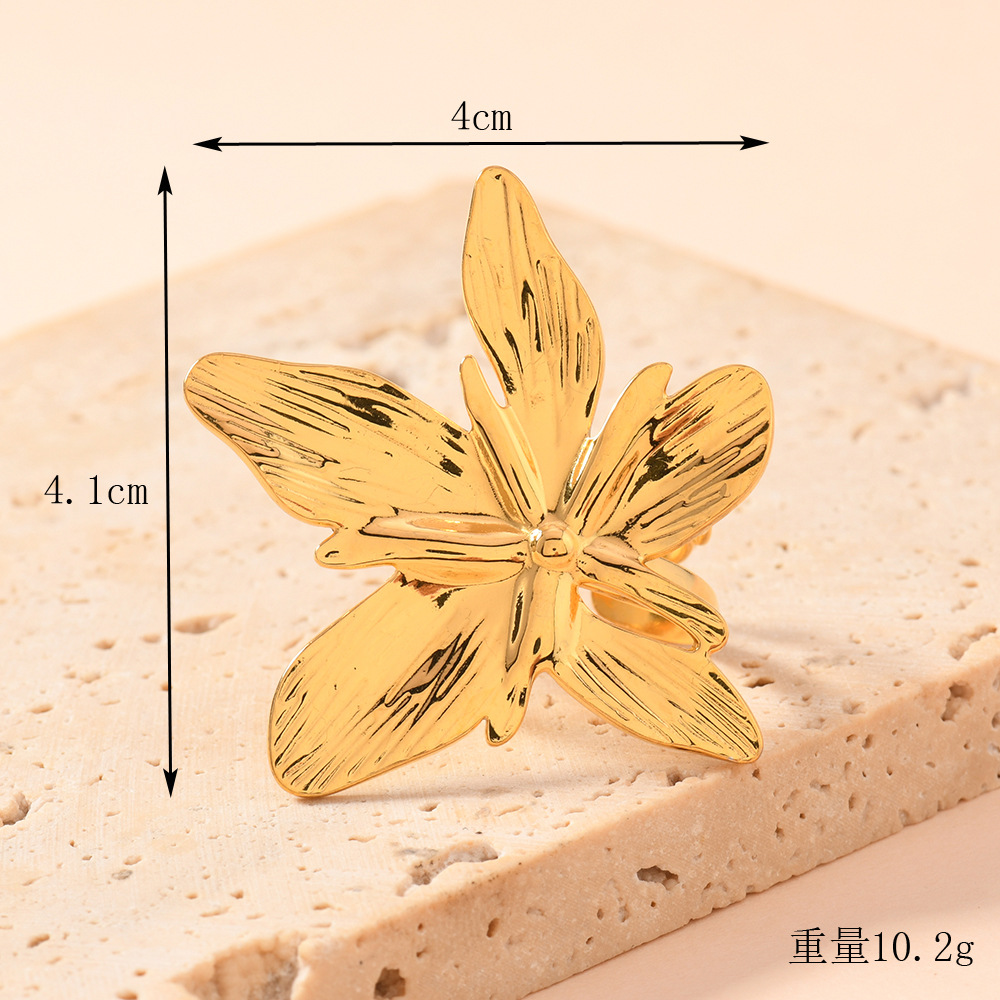 欧美跨境不锈钢戒指 夸张个性油压花朵开口戒高级感镀18k金手饰品详情4