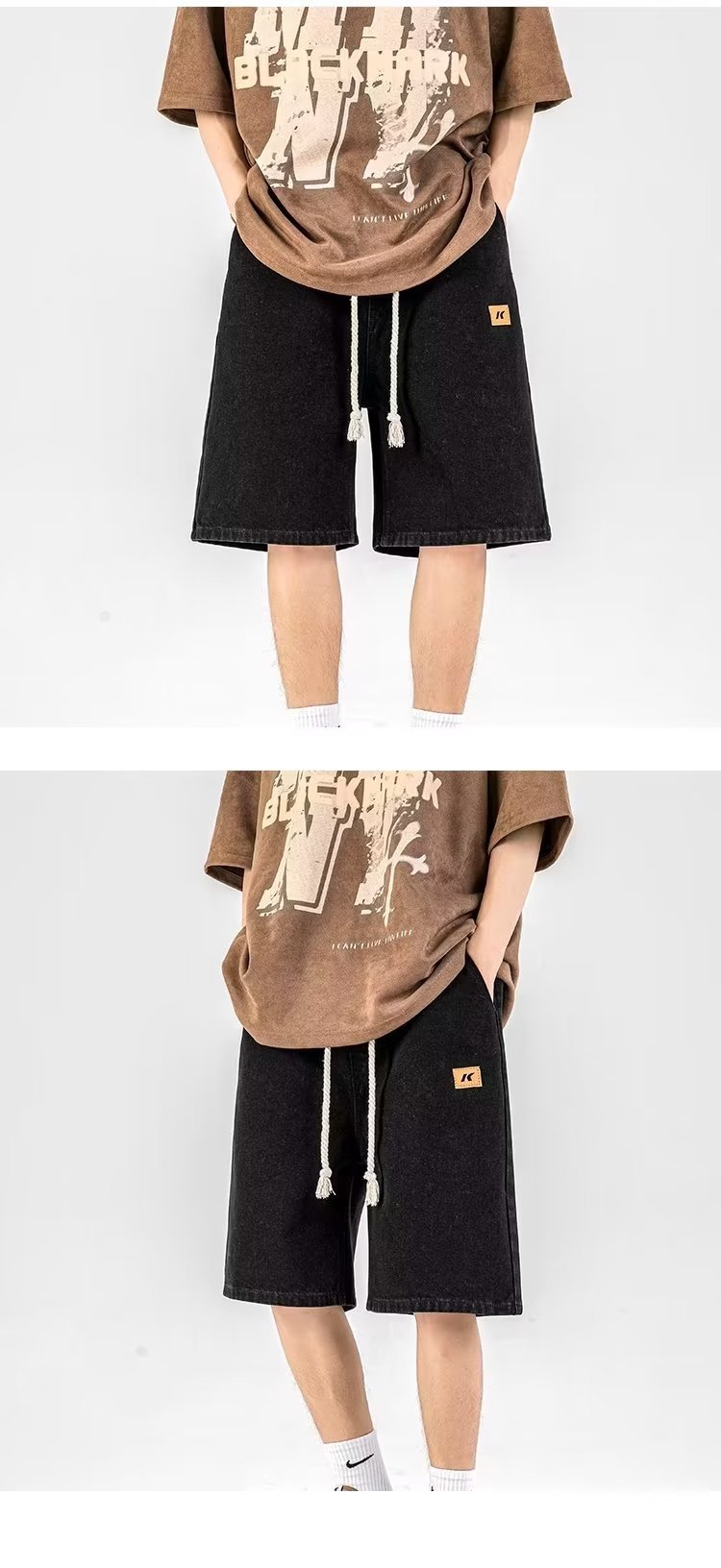 FUIV 夏季港风大码贴标牛仔裤短裤嘻哈ins潮男外贸宽松情侣五分裤 pic 16