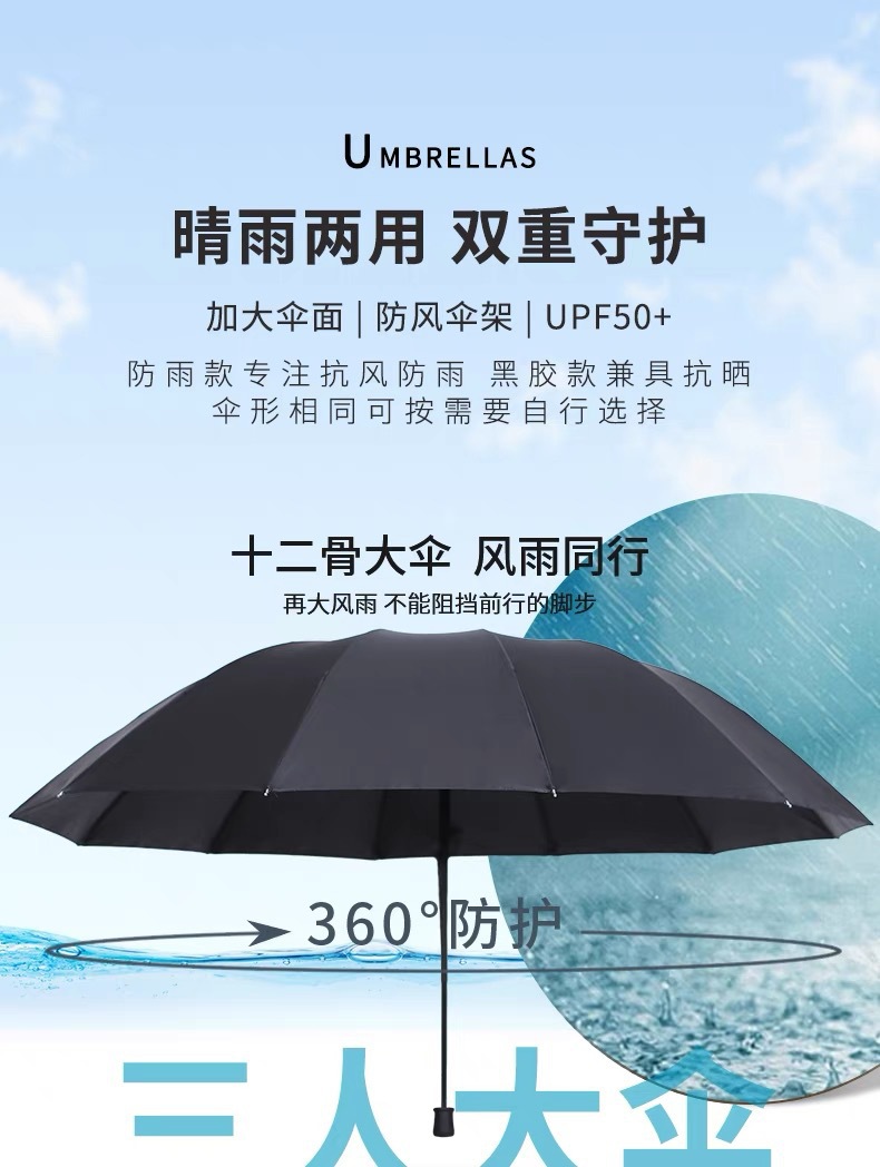 超大3-4人雨伞高级感折叠伞黑胶防晒晴雨伞加固遮阳伞印刷广告伞详情1