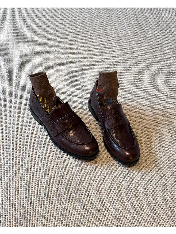 羊皮版~复古真皮一脚蹬懒人鞋女粗跟平底单鞋英伦风小皮鞋乐福鞋详情22