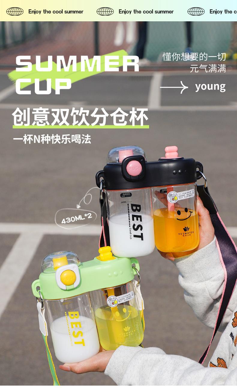 夏季清新简约创意分仓双饮杯高颜值可爱学生儿童水杯塑料吸管杯子详情13