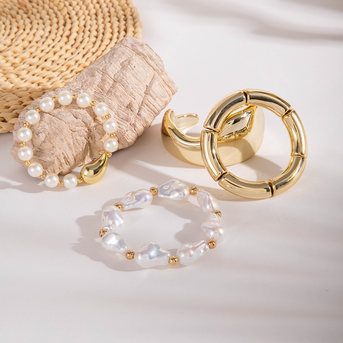 欧美跨境新款多层线条缠绕几何开口手镯套装朋克风波浪形串珠手链详情63