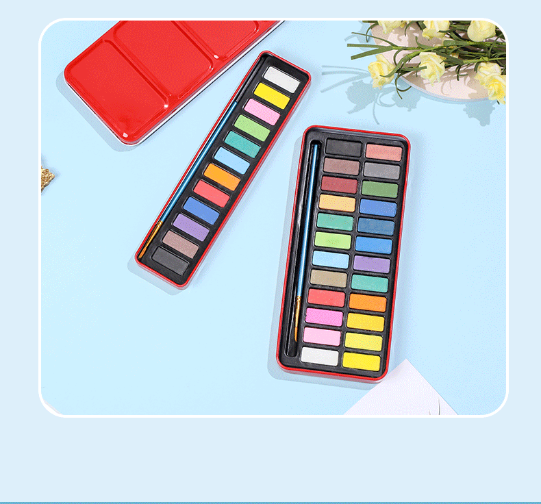 博艺宣便携式铁盒环保24色浓缩粉饼颜料儿童diy美术写生固体水彩详情13