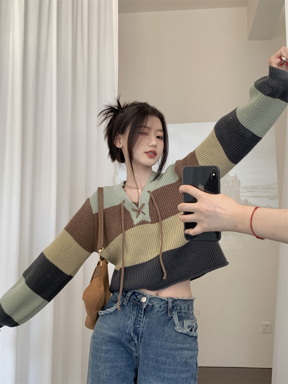 条纹撞色系带针织毛衣女2025春秋新款设计感翻领复古辣妹长袖上衣详情14