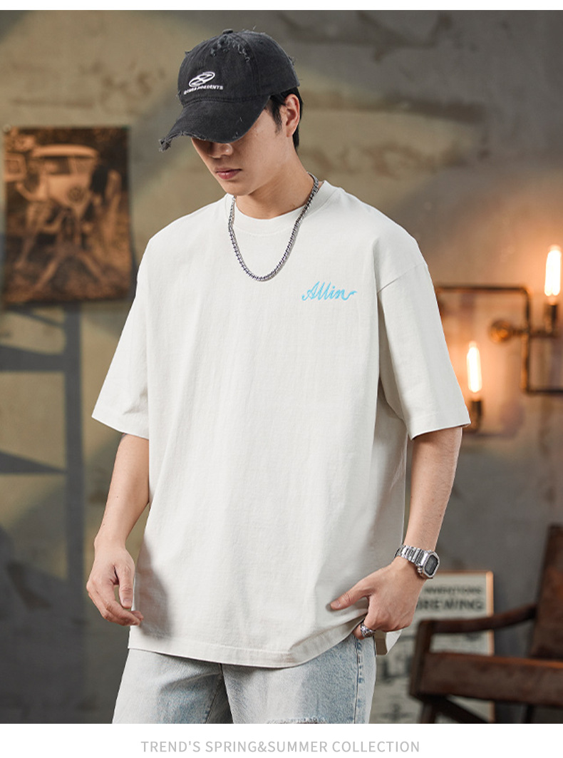 ALLIN pure cotton heavy-duty short-sleeved T-shirt for men, a summer trendy brand with three-dimensional printed letters and loose round-neck couple tops pic 20