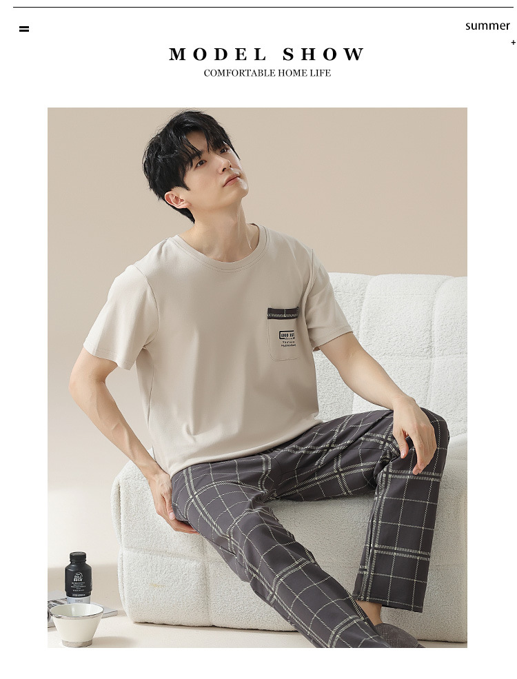 Summer pure cotton pajamas for men, cartoon casual short-sleeved shirts and long pants, pure cotton comfortable home wear, summer youth student set pic 17