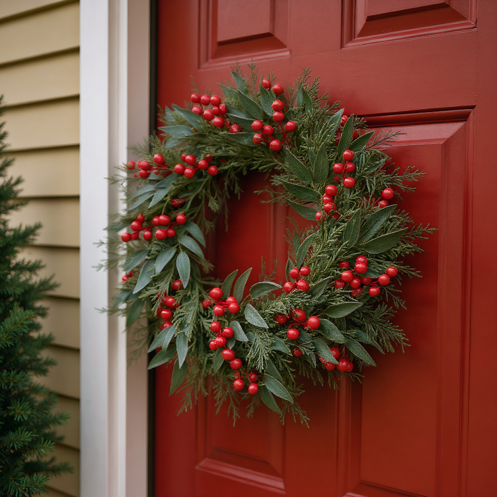 跨境热销仿真圣诞花环桉树叶浆果花环家居装饰门饰挂件假花批发详情1