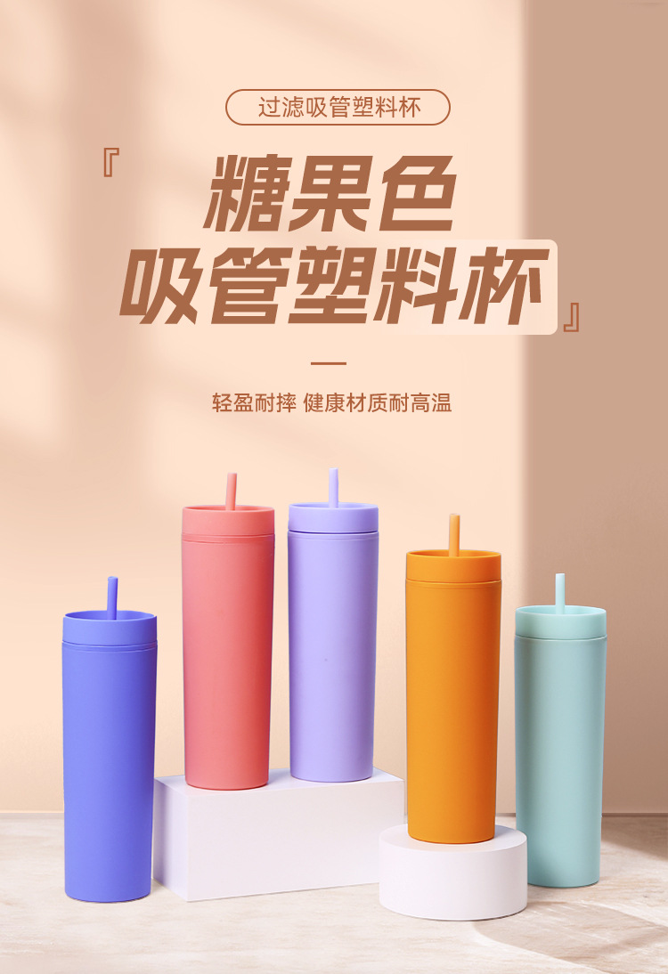 Summer new high appearance level double-layer plastic cup, filter straw, large capacity, shockproof and high-resistant water cup, custom logo pic 2