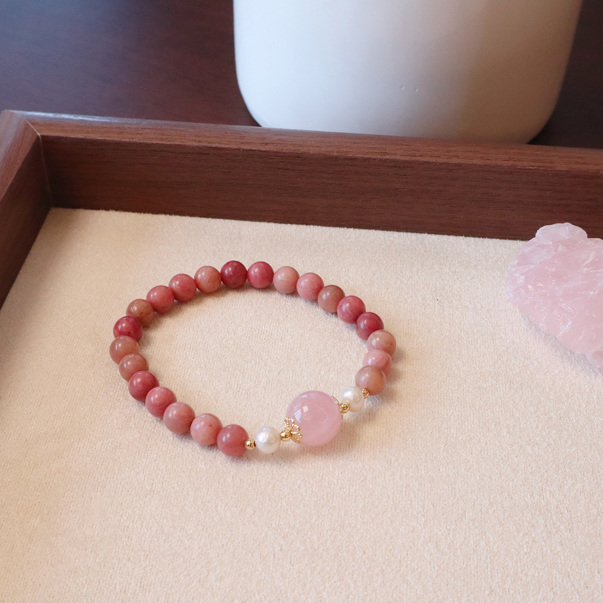 红纹石手链天然淡水珍珠玉髓高级感天然石手串女平安扣星星设计详情26