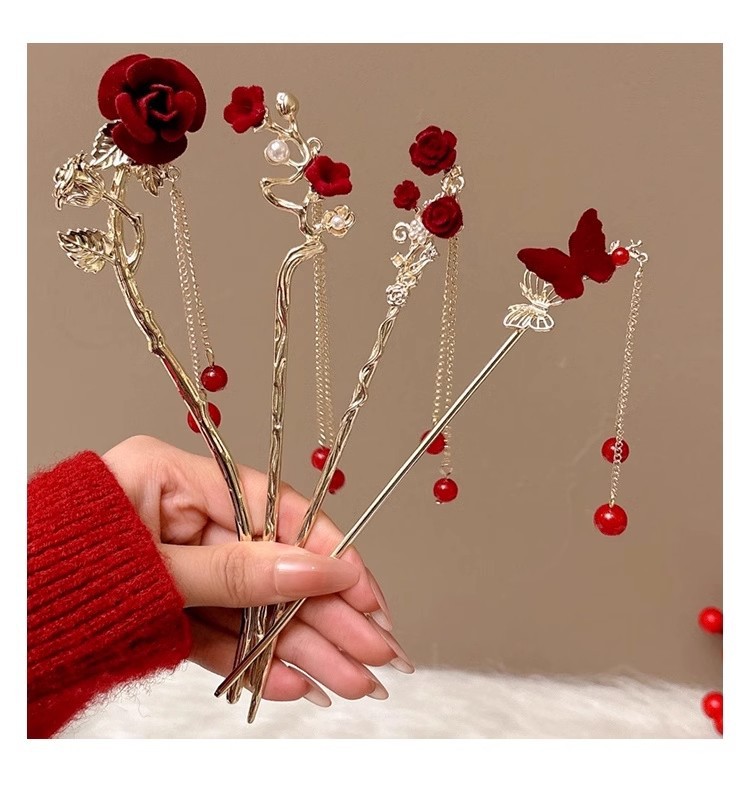 红色新年发簪新中式后脑勺盘发高级感簪子古风高级感步摇流苏发饰详情20