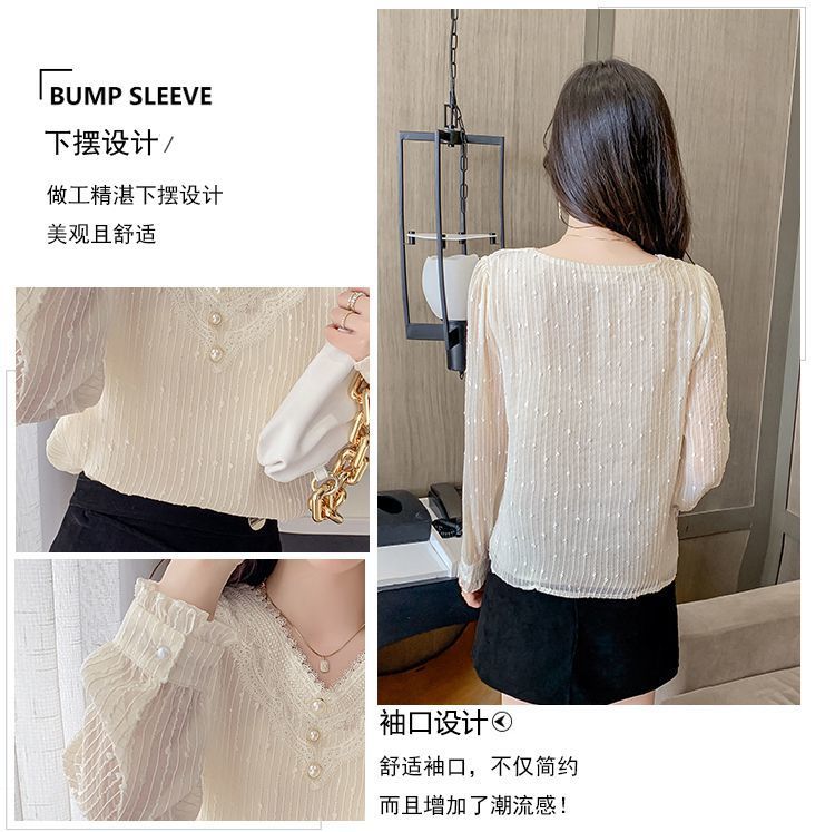 秋季新款长袖雪纺衫漂亮小衫气质上衣女蕾丝v领打底衫详情6