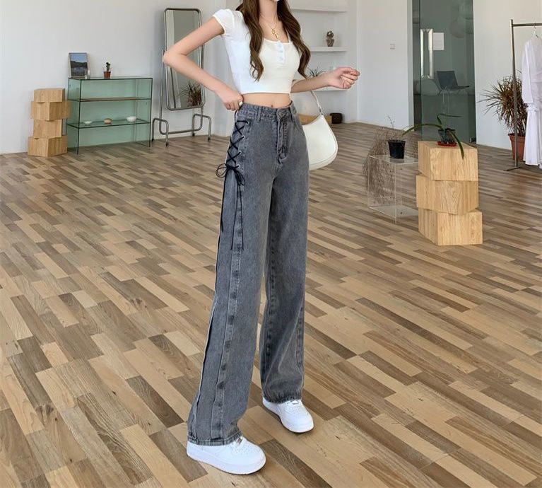 烟灰色直筒牛仔裤女2024春秋新款窄版阔腿裤高腰显瘦百搭烟管裤XH详情12