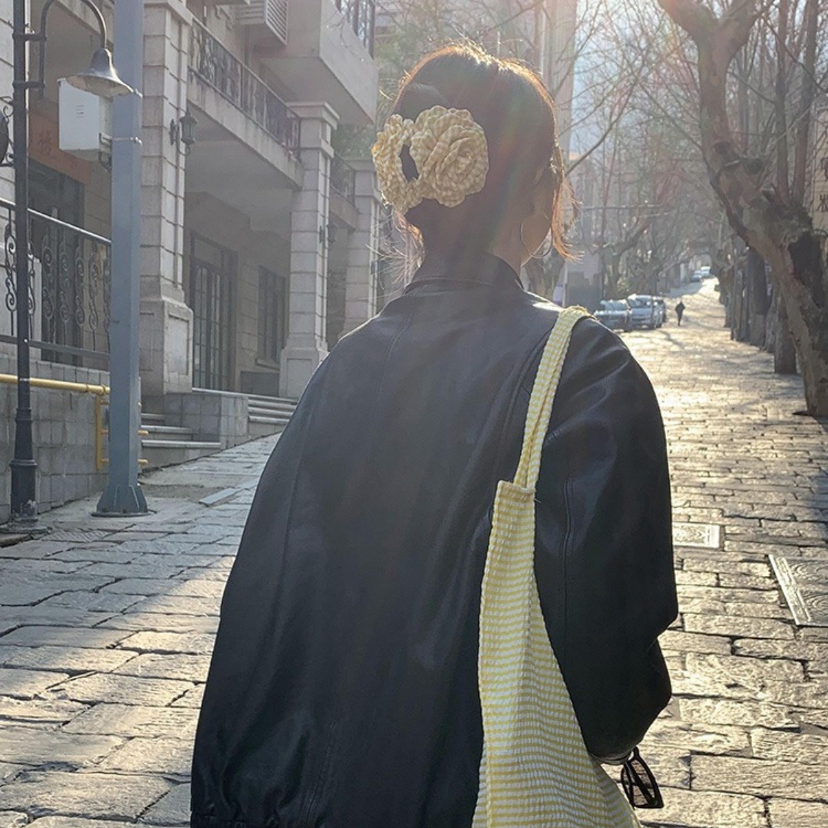 格纹黄色玫瑰花精致抓夹简约发抓高级鲨鱼夹气质韩国发饰头饰发夹详情11