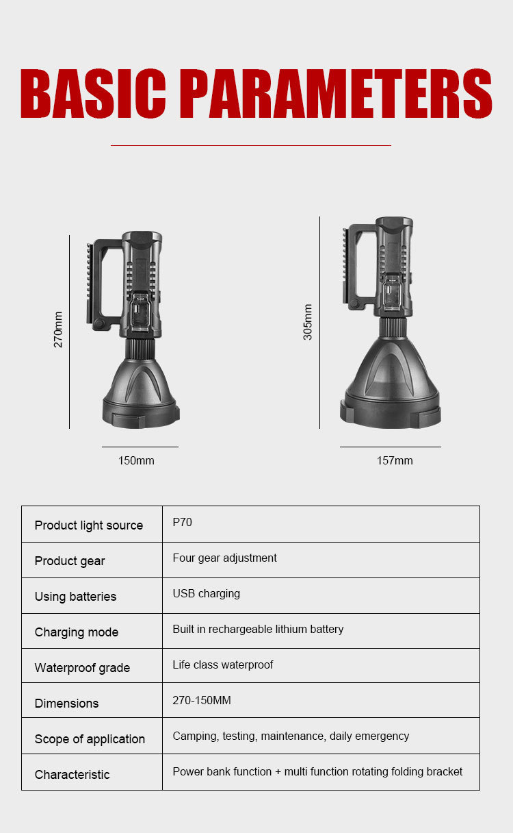 The new cross-border P70 high-intensity searchlight, USB charging emergency light, outdoor waterproof large light cup, LED portable light pic 12