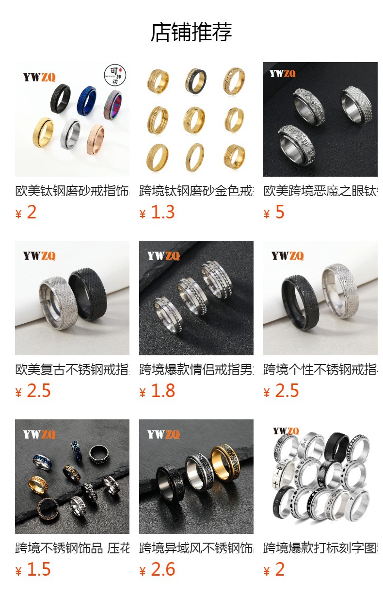 跨境个性时尚不锈钢饰品 朋克风6mm批花网纹可转动真空镀钛钢戒指详情1