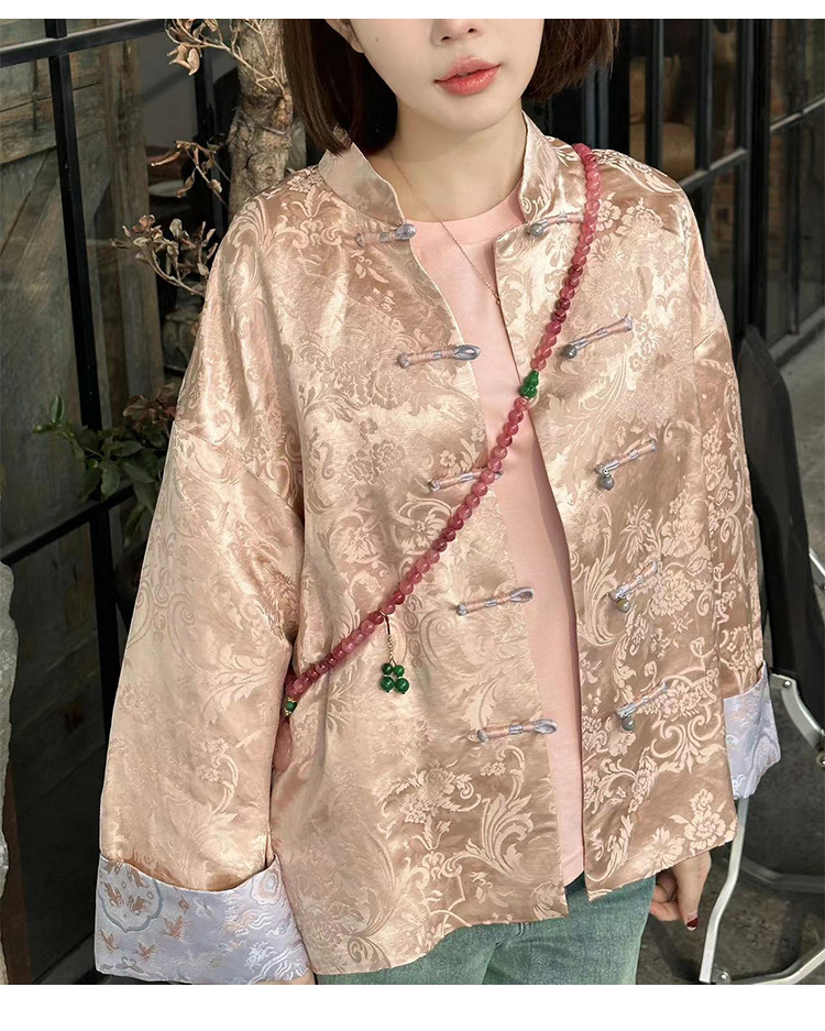 秋冬新中式国风外套女文艺复古长袖上衣桑蚕丝真丝香云纱提花开衫详情8