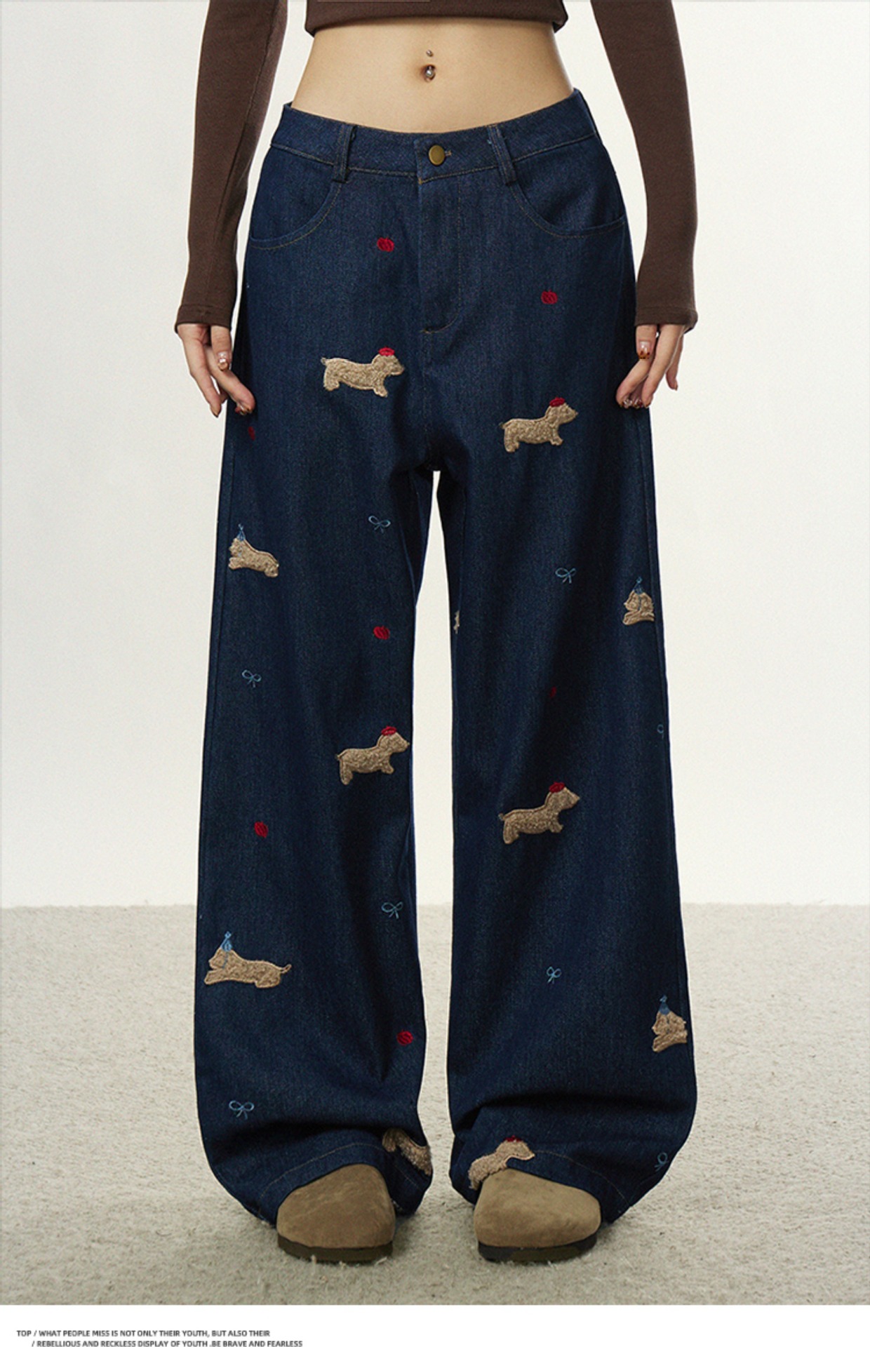 美式复古小狗贴布刺绣牛仔裤男女春秋设计感直筒裤宽松阔腿拖地裤详情2