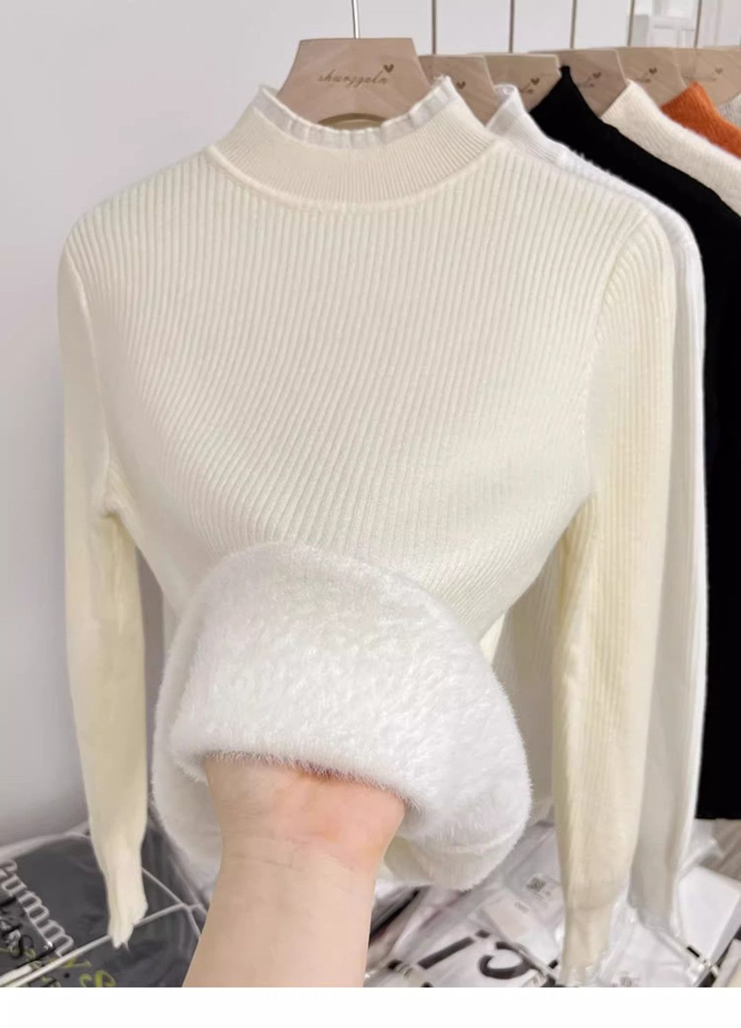 Autumn and winter semi-high neck with fleece lace one-piece fleece thickening 2024 new style black fungus knitted sweater base top sweater for women pic 4