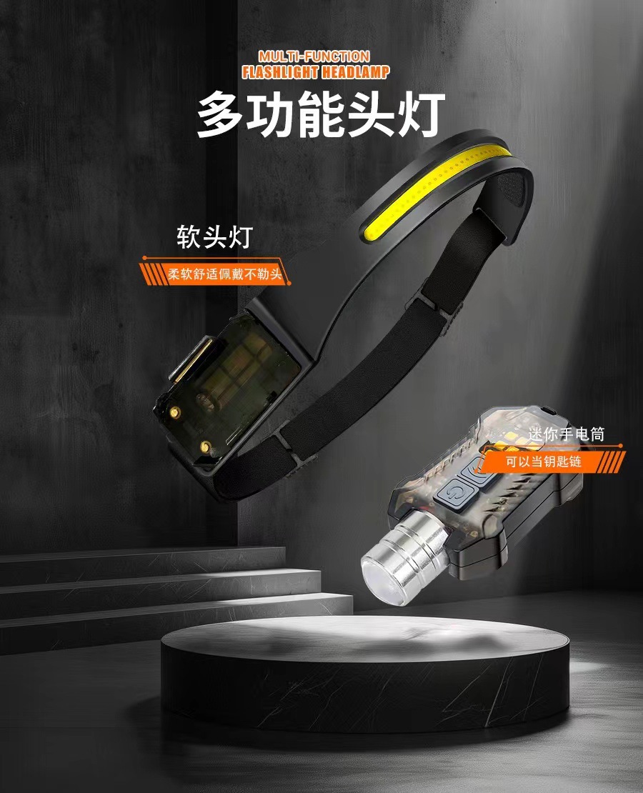跨境硅胶感应头灯Type-C充电户外骑行多功能警示LED高亮照明头灯详情14