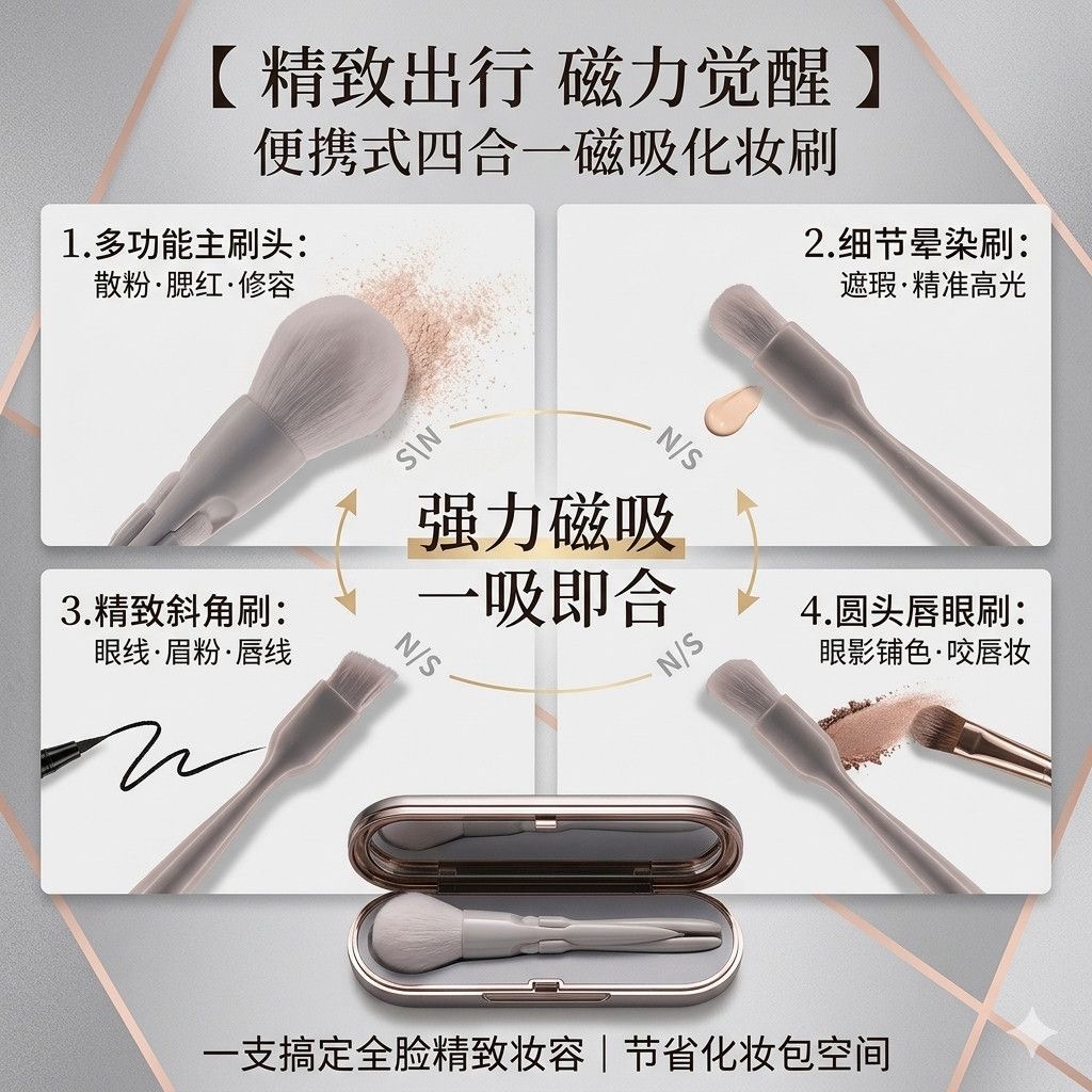 Cross-border four-in-one magnetic makeup brush, portable beauty tool, multi-functional set brush, eyeshadow brush, contouring brush pic 6