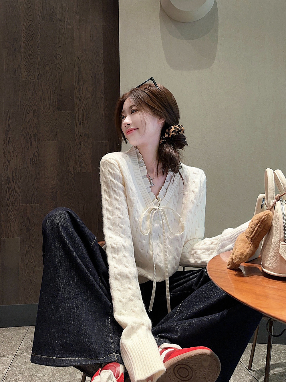 韩系学院风设计感假两件长袖毛衣针织衫女冬季蓝色温柔风修身上衣详情19