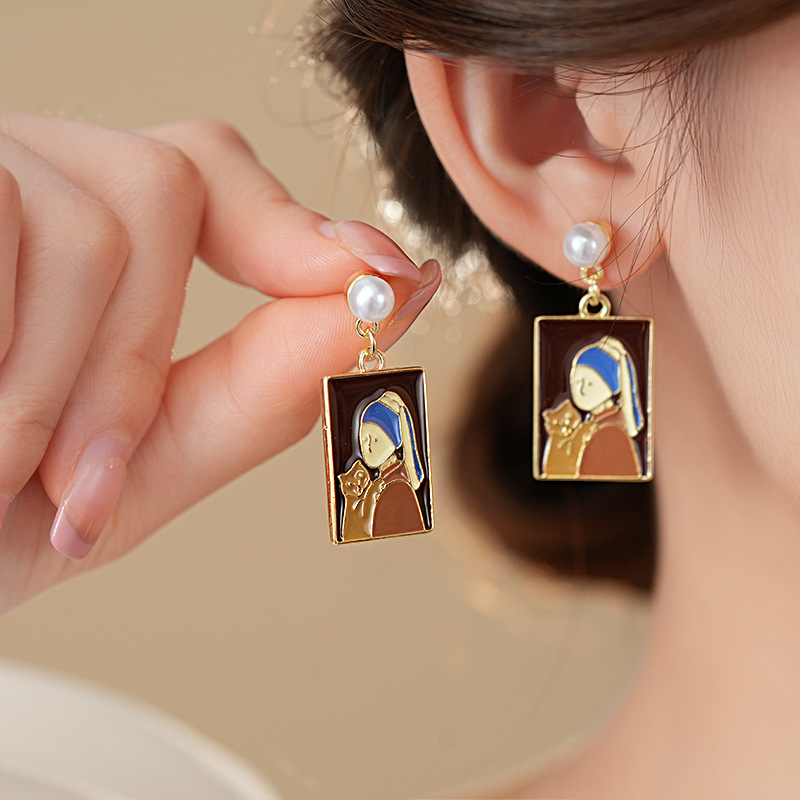 银针莫奈花园滴油女孩小猫珍珠款耳钉复古高级感耳环油画风耳饰女详情2