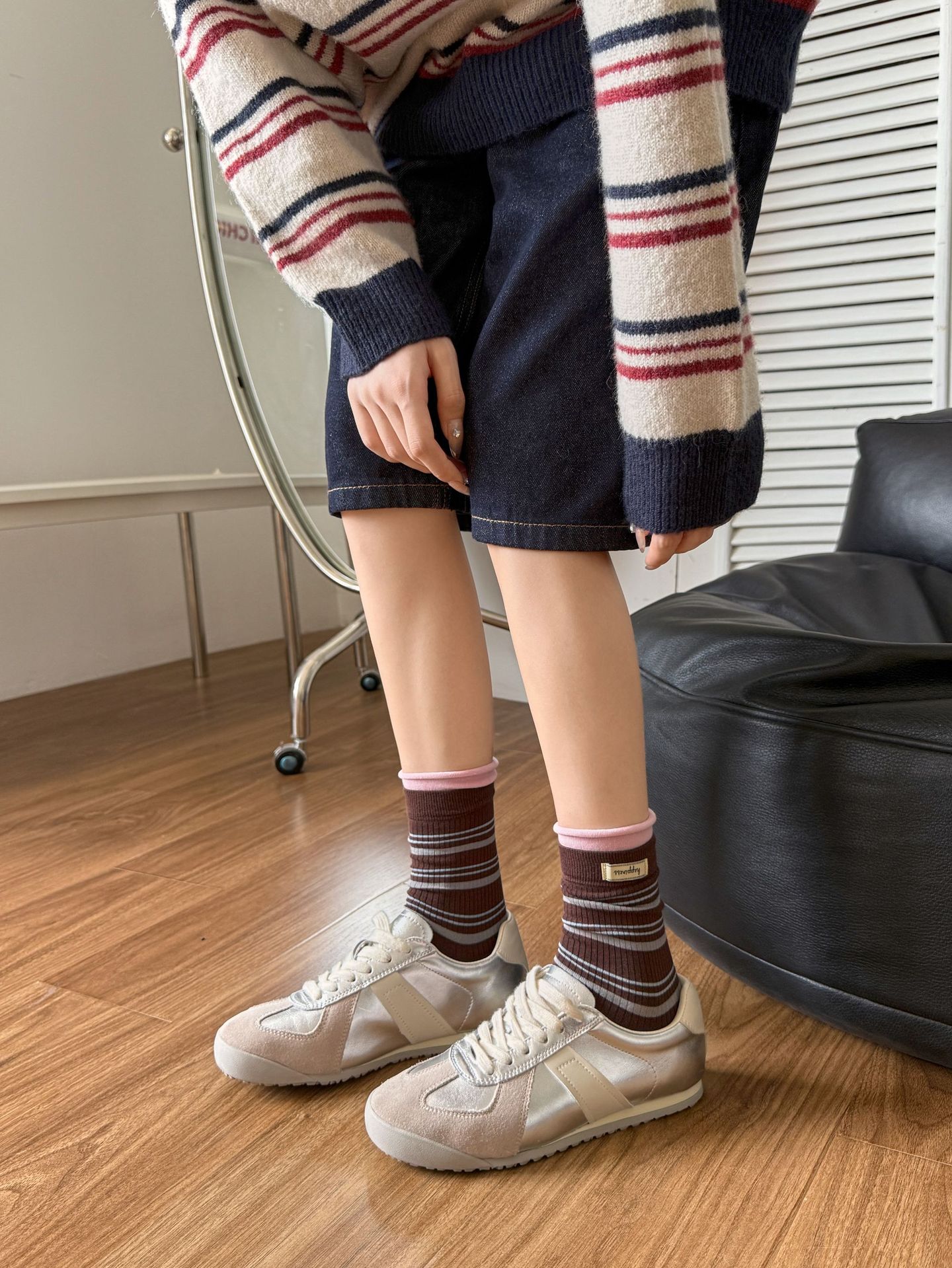 袜子女秋冬撞色布标彩色条纹卷边潮流堆堆袜春秋百搭纯棉中筒袜详情16