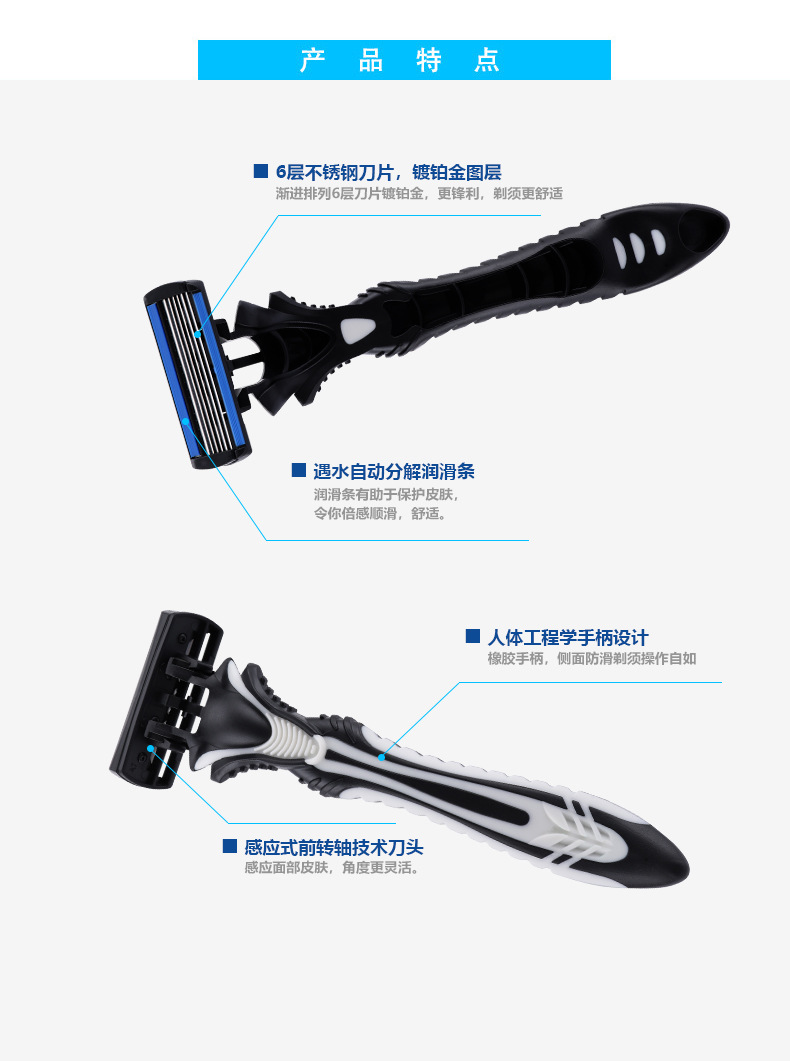 跨境新款手动刮胡刀Pearl Max六层刀片剃毛刀刮毛刀一次性剃须刀详情2