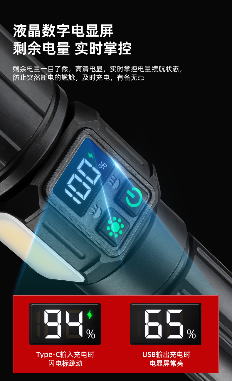 跨境大功率白激光手电筒多功能数字电显充电式变焦户外巡逻探照灯详情13