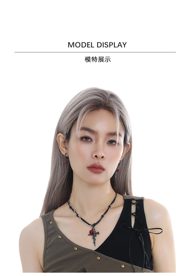 Dark Gothic style red rose entwined cross pendant necklace with a unique female design sense, black woven collarbone chain pic 7