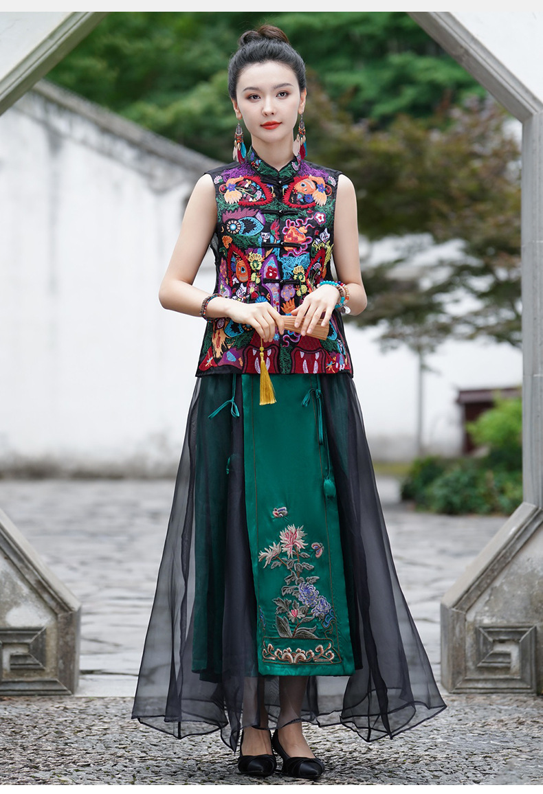 Ethnic style, new Chinese-style national trend, Tencel elastic waist, large swing skirt, long skirt, embroidered flower horse face skirt, A-line skirt pic 1