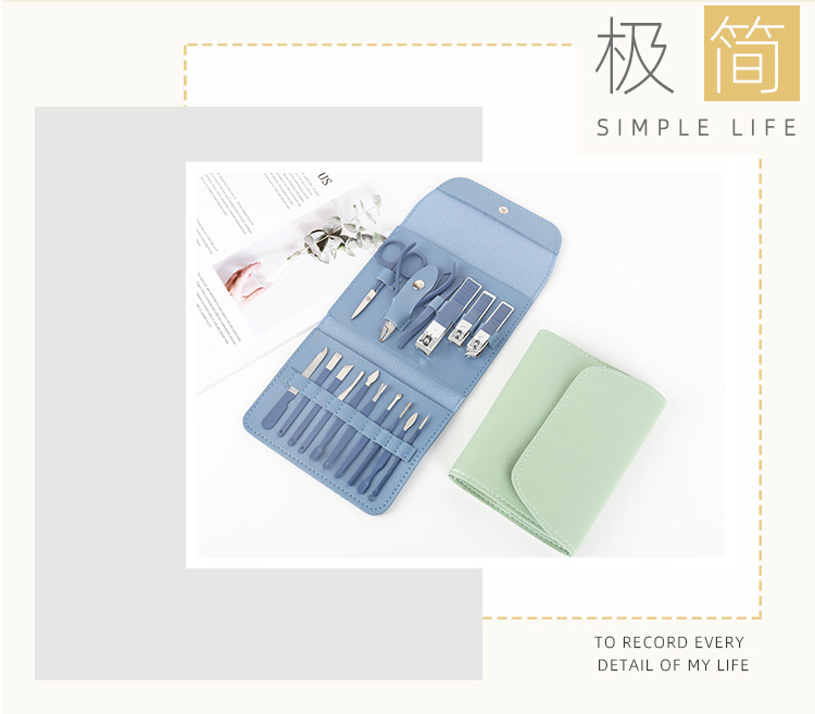 New folding bag nail clipper set, matcha green 16-piece nail tool set, portable home nail clipper set pic 2