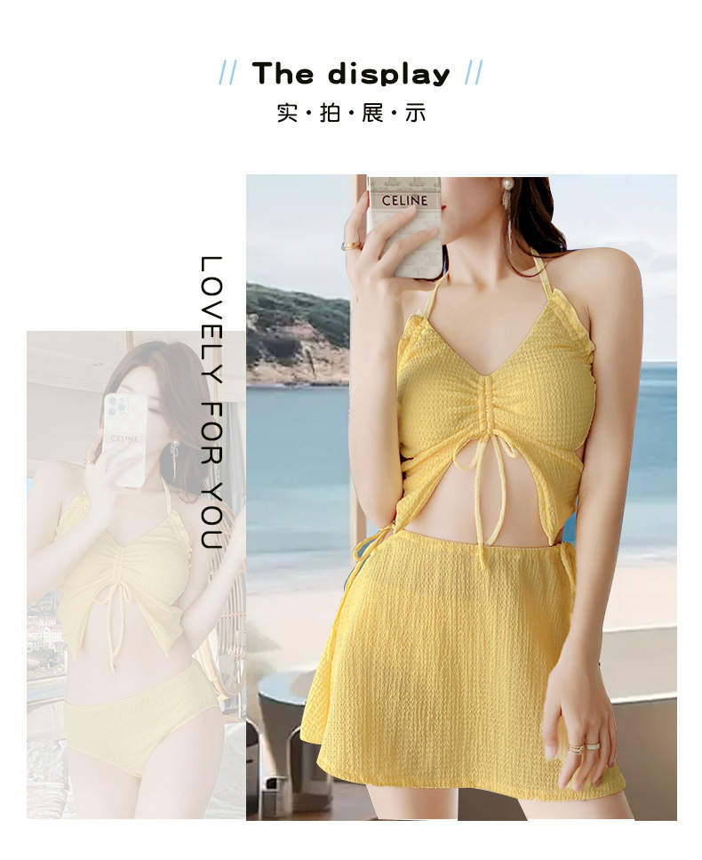 纯欲风分体裙式泳衣女绑带吊带小胸聚拢纯色度假泳池比基尼套装-107041 pic 20