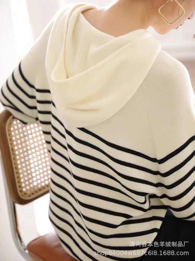 哥块团弟同款羊毛针织连帽毛衫女套头条纹宽松打底衫针织衫代发详情6