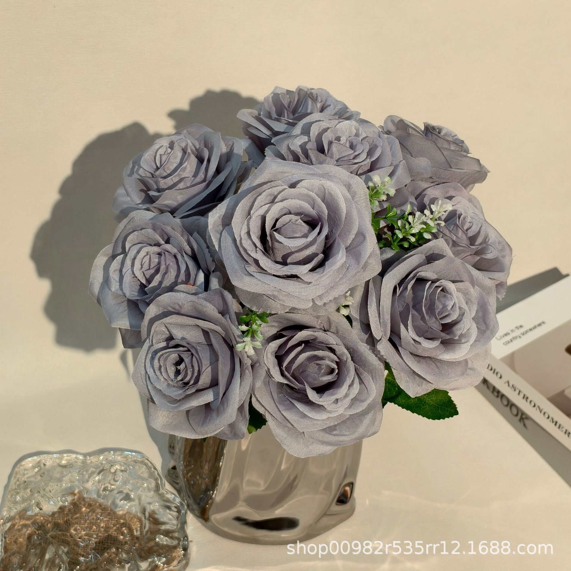 厂家批发10头玫瑰仿真花婚庆婚礼堂装饰玫瑰花假花外贸跨境西洋玫详情16