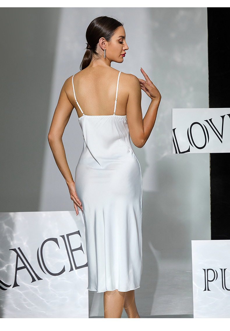 Two-piece set of white satin halter sleeping dress for export, detachable chest cushion mesh lace flared sleeve outer robe 1182 pic 12