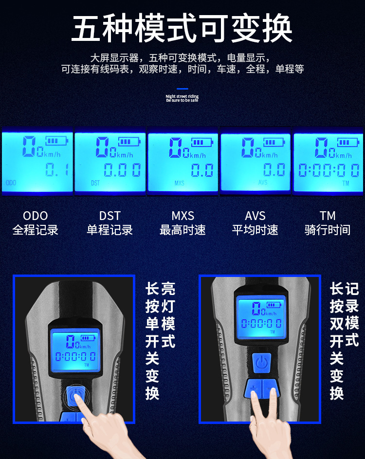 Bicycle headlights, multi-functional stopwatch headlights, waterproof usb charging horn lights, night cycling flashlights, cycling equipment pic 2