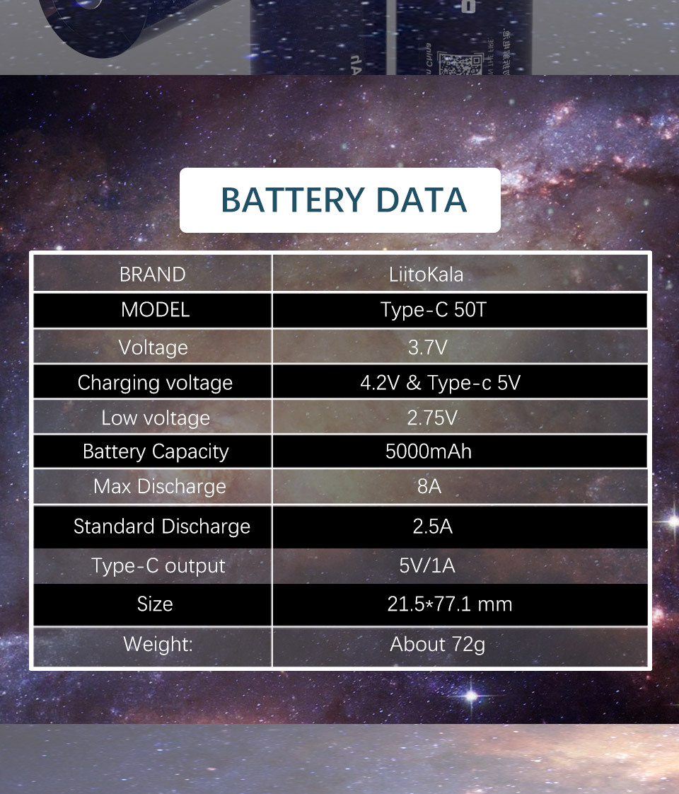 LiitoKala 50T Type-C 3.7V 21700 5000 mah large-capacity rechargeable cell lithium battery pic 2