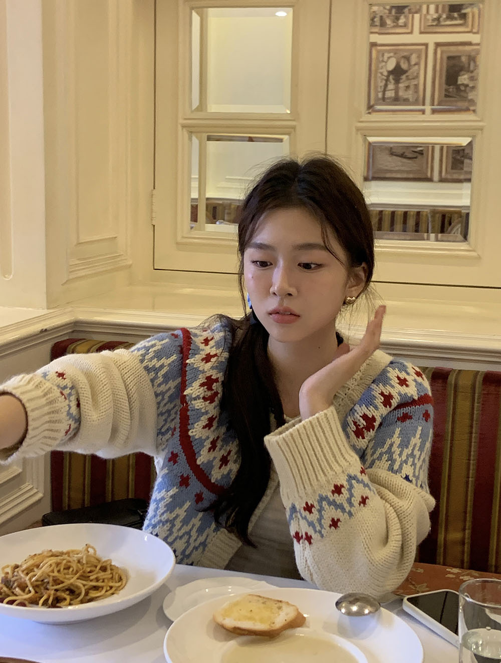 费尔岛复古美式少女撞色波普提花单排扣针织开衫厚实保暖毛衣外套详情65