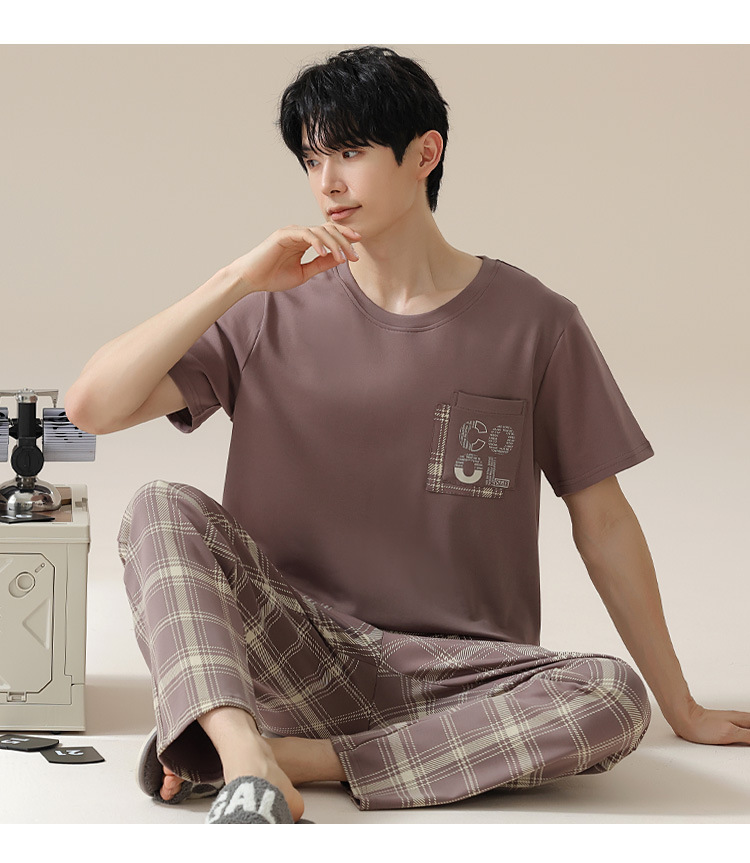 Summer pure cotton pajamas for men, cartoon casual short-sleeved shirts and long pants, pure cotton comfortable home wear, summer youth student set pic 29