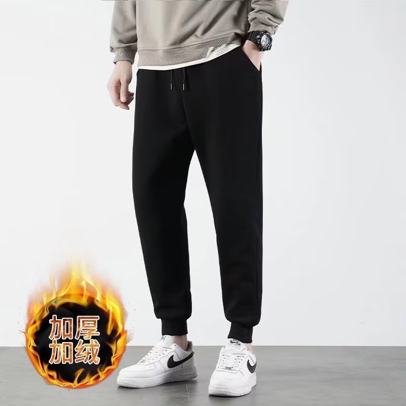 加绒加厚束脚长裤男宽松休闲运动裤黑色秋冬收口小脚抓绒皮绳裤详情13